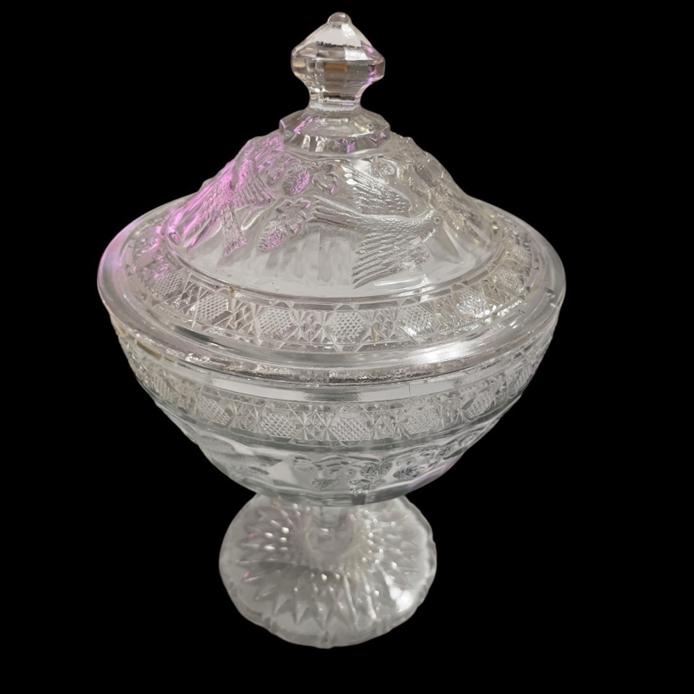 Antique EAPG Indiana Glass Bird & Strawberry Covered Compote High Standard